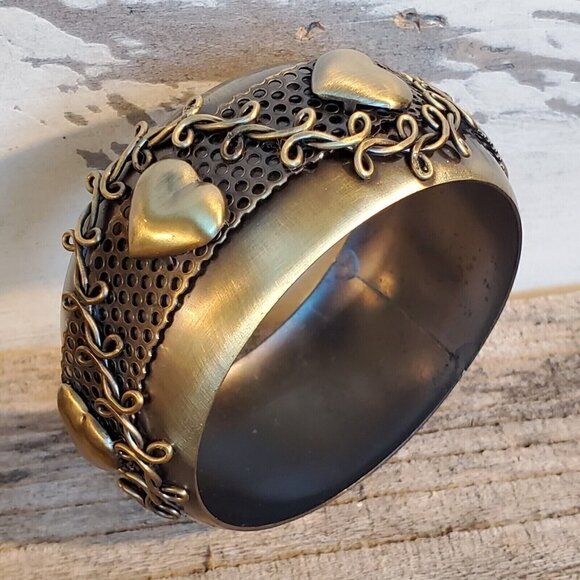 Vintage Y2K 90s Victorian Grunge Steampunk Bronze Hearts Metal Bangle Bracelet - Picture 3 of 12